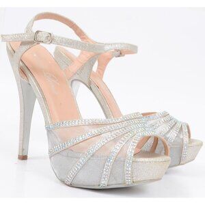 Bella Luna Women's 6.5 Silver Sparkly Mesh Formal Wedding Bridal Peep Toe Heels